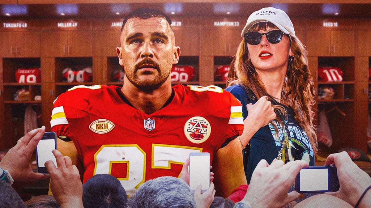 Travis Kelce and Taylor Swift in the Kansas City Chiefs locker room.