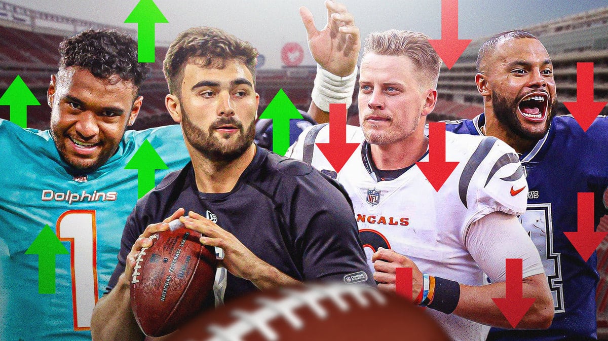 Tua Tagovailoa and Sam Howell with green arrows pointing up in front of them. Joe Burrow and Dak Prescott with red arrows pointing down in front of them.
