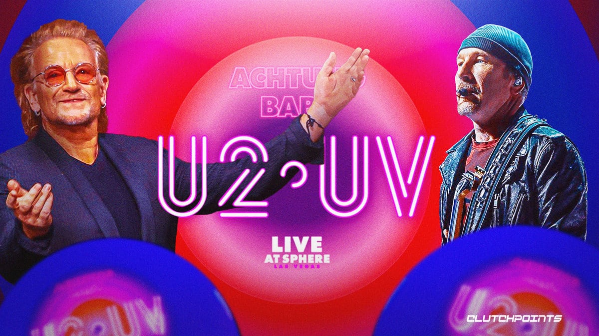 Bono and The Edge between U2:UV Achtung Baby Live at Sphere logo.