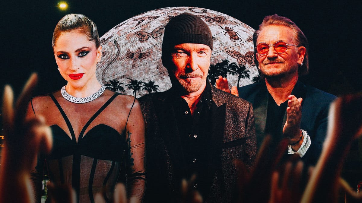 Lady Gaga and U2 members The Edge and Bono in front of the Sphere.