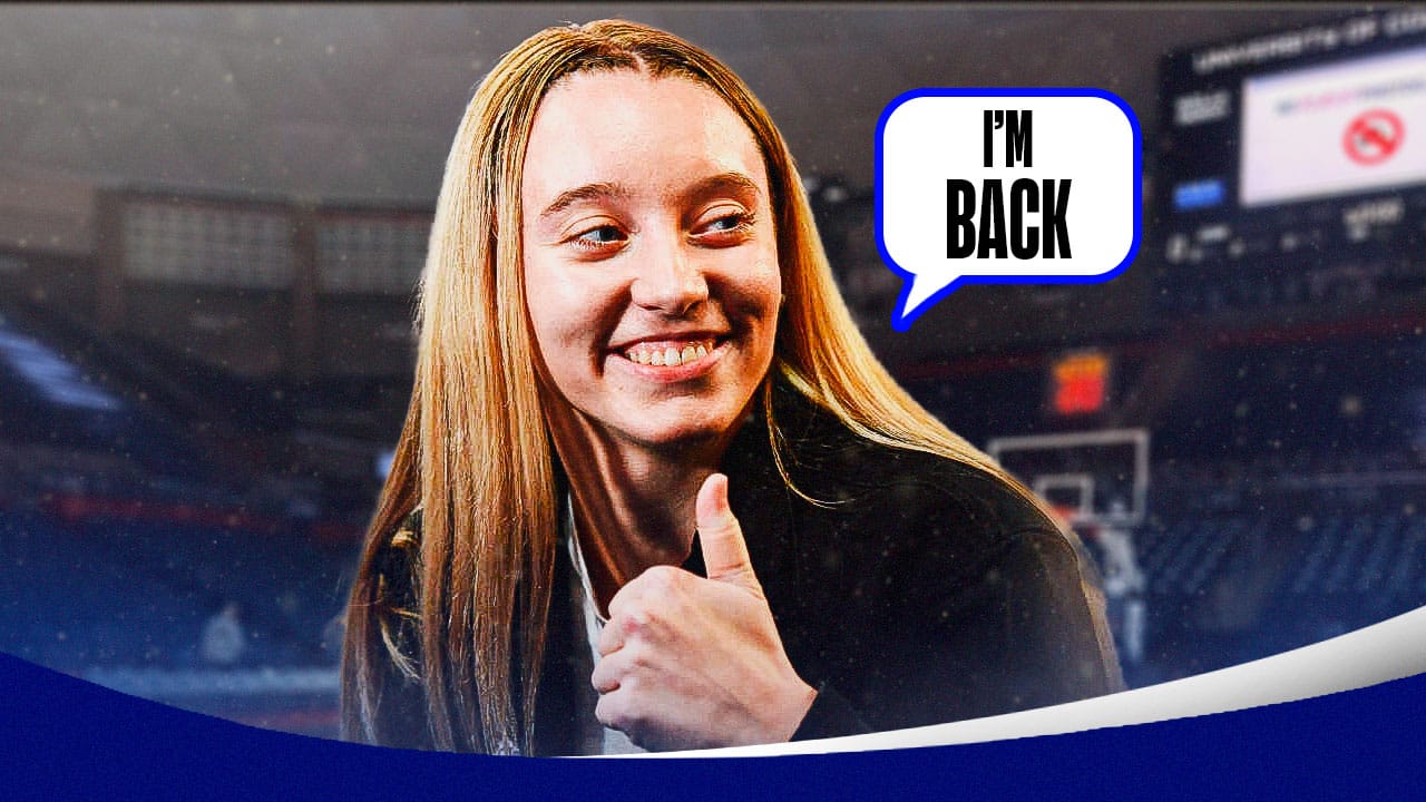 UConn's Paige Bueckers doing the thumbs up, with a text bubble saying “I’m back”