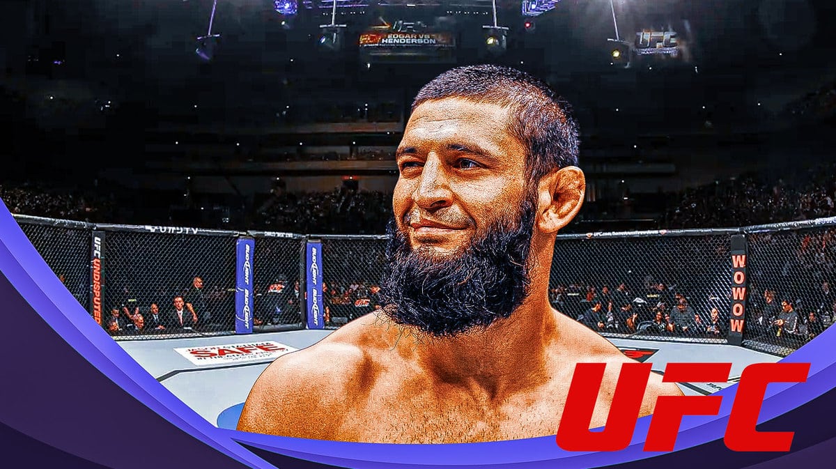 Khamzat Chimaev looks ahead after he tore a ligament in his right hand during his welterweight match against Kamaru Usman at UFC 294.