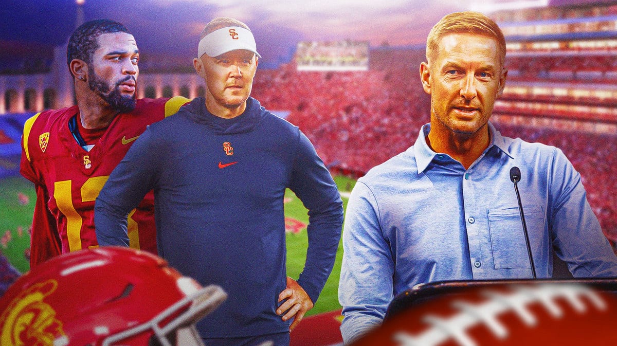 Caleb Williams, Lincoln Riley both in USC football gear, Joel Klatt in background speaking