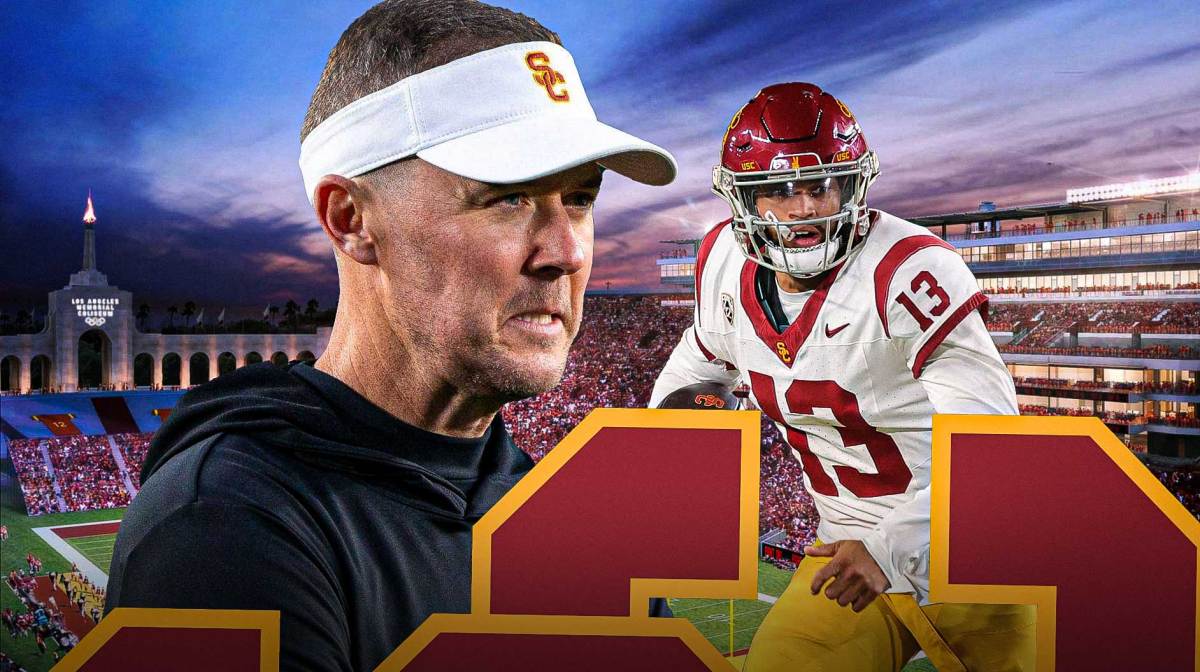 USC football, Utah football, Caleb Williams, Lincoln Riley, Trojans, Lincoln Riley and Caleb Williams (in USC uni) with USC football stadium in the background
