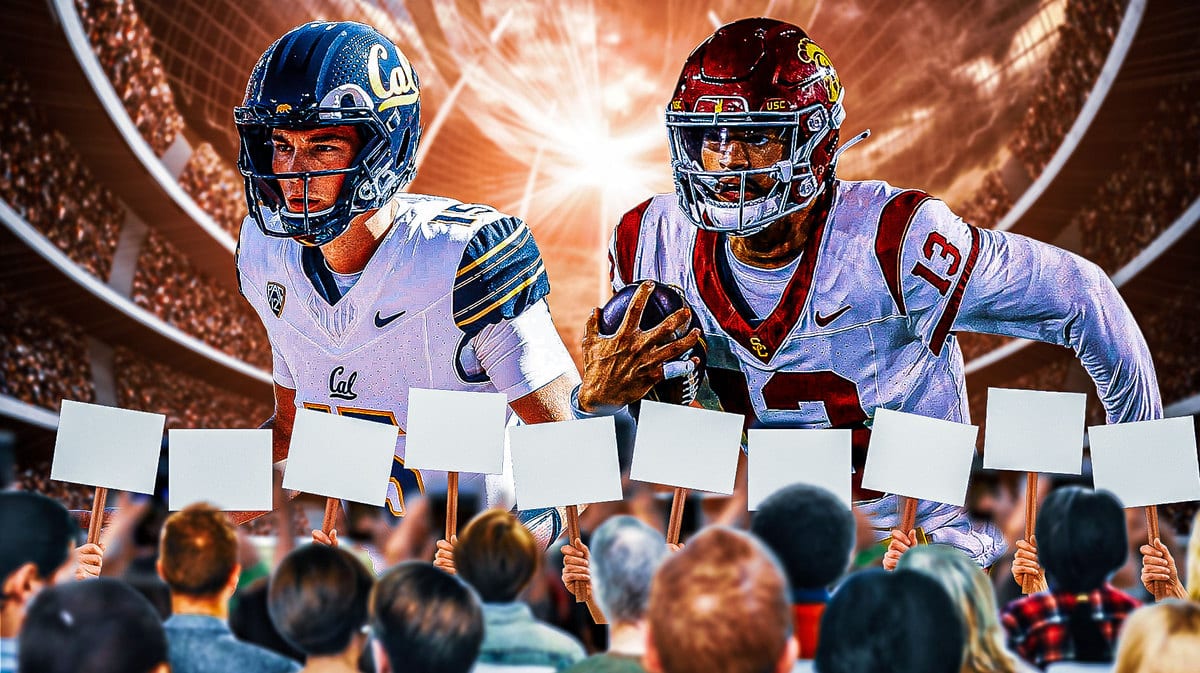 USC QB Caleb Williams and Cal QB Fernando Mendoza watching protesters