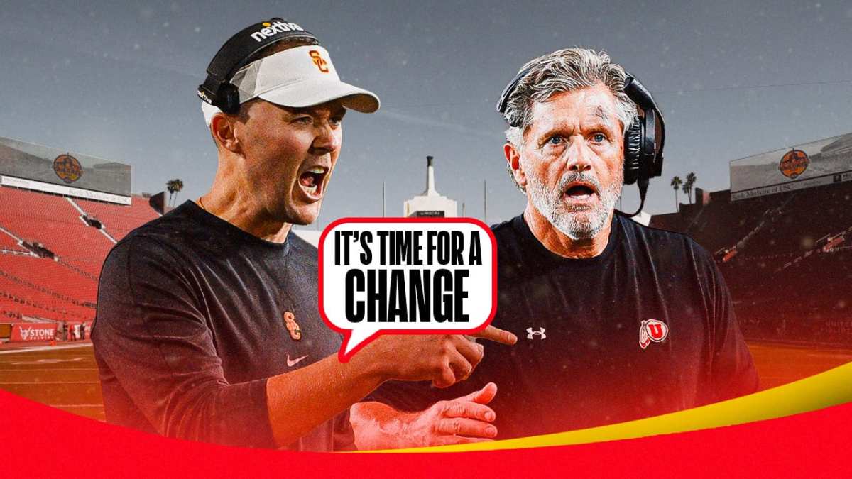 USC football coach Lincoln Riley yelling while Utah football coach Kyle Whittingham looks on