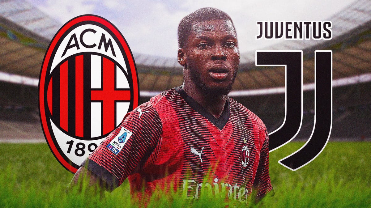 Yunus Musah looking down/sad in front of the AC Milan and Juventus logos