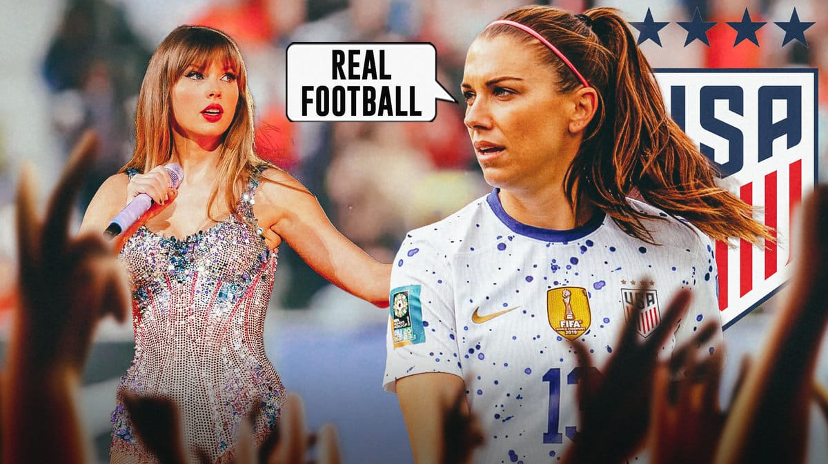 Alex Morgan saying: ‘Real Football’ next to Taylor Swift, the USWNT logo behind them