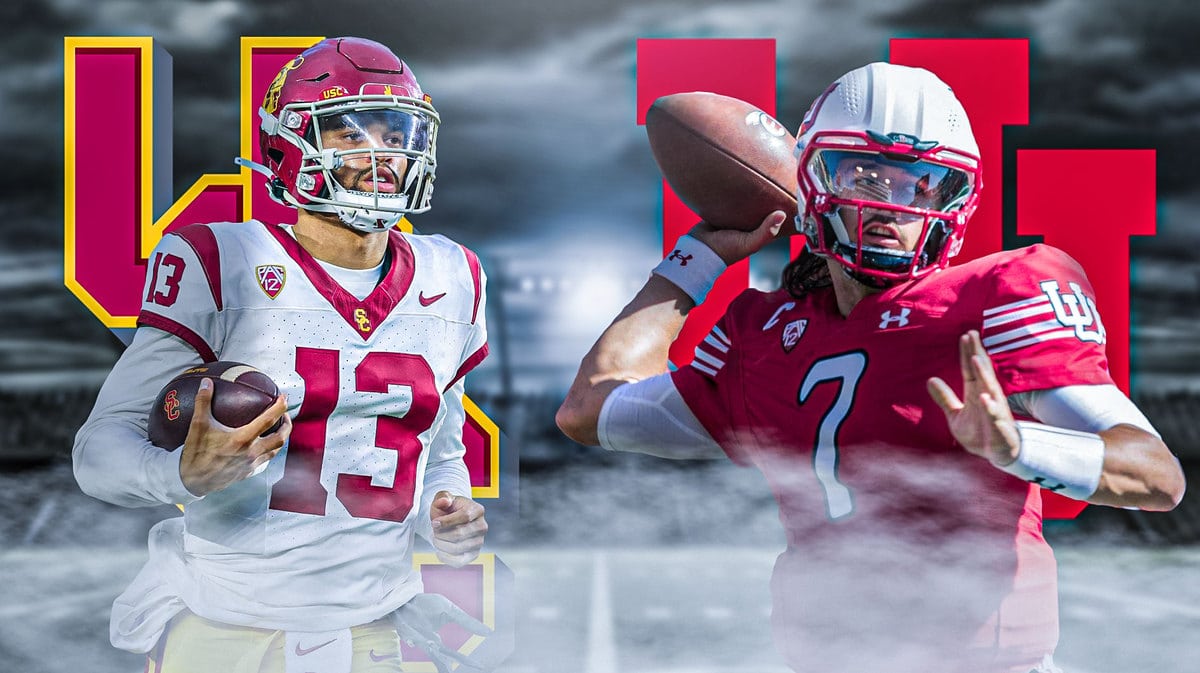 Utah Football, USC Football, Caleb Williams and Cam Rising with their team logos behind them and a football field in the background