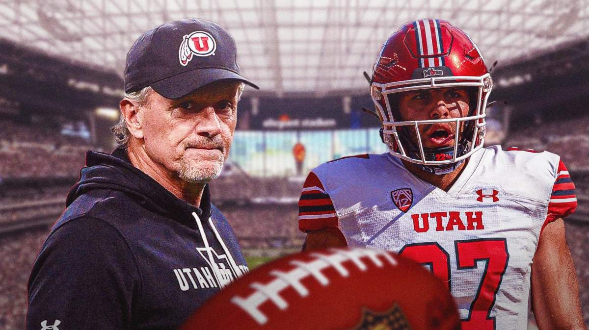 Utah football, USC football, Utes, Kyle Whittingham, Thomas Yassmin, Kyle Whittingham looking sad with Utah tight end Thomas Yassmin next to him