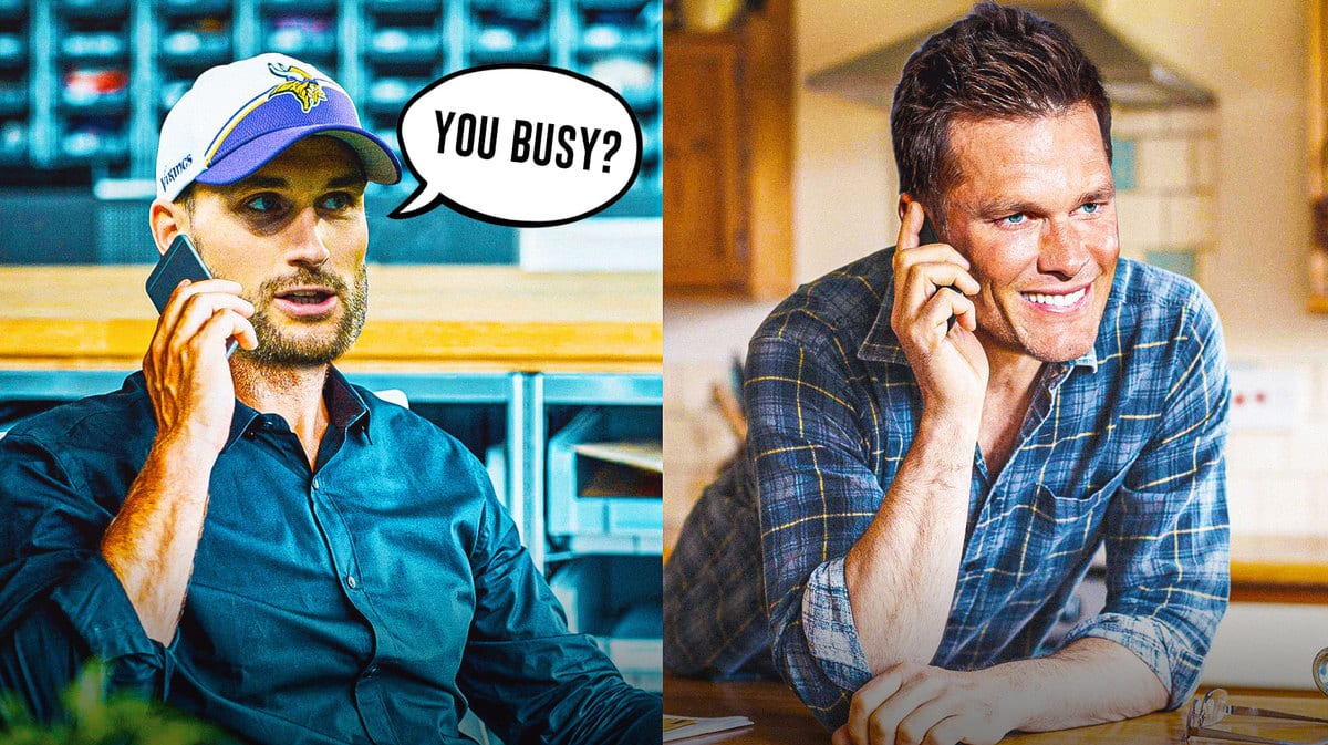 Minnesota Vikings' Kirk Cousins and former NFL star Tom Brady both with phones to look like they are talking to one another. Speech bubble from Cousins: “You Busy?”