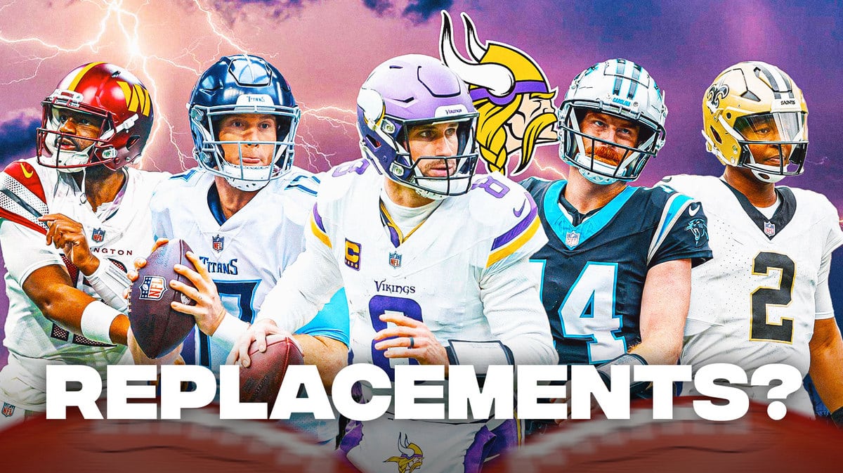 Kirk Cousins in the middle, with Ryan Tannehill, Jacoby Brissett, Andy Dalton, Jameis Winston around him. Storm clouds and the Minnesota Vikings logo somewhere in the background.