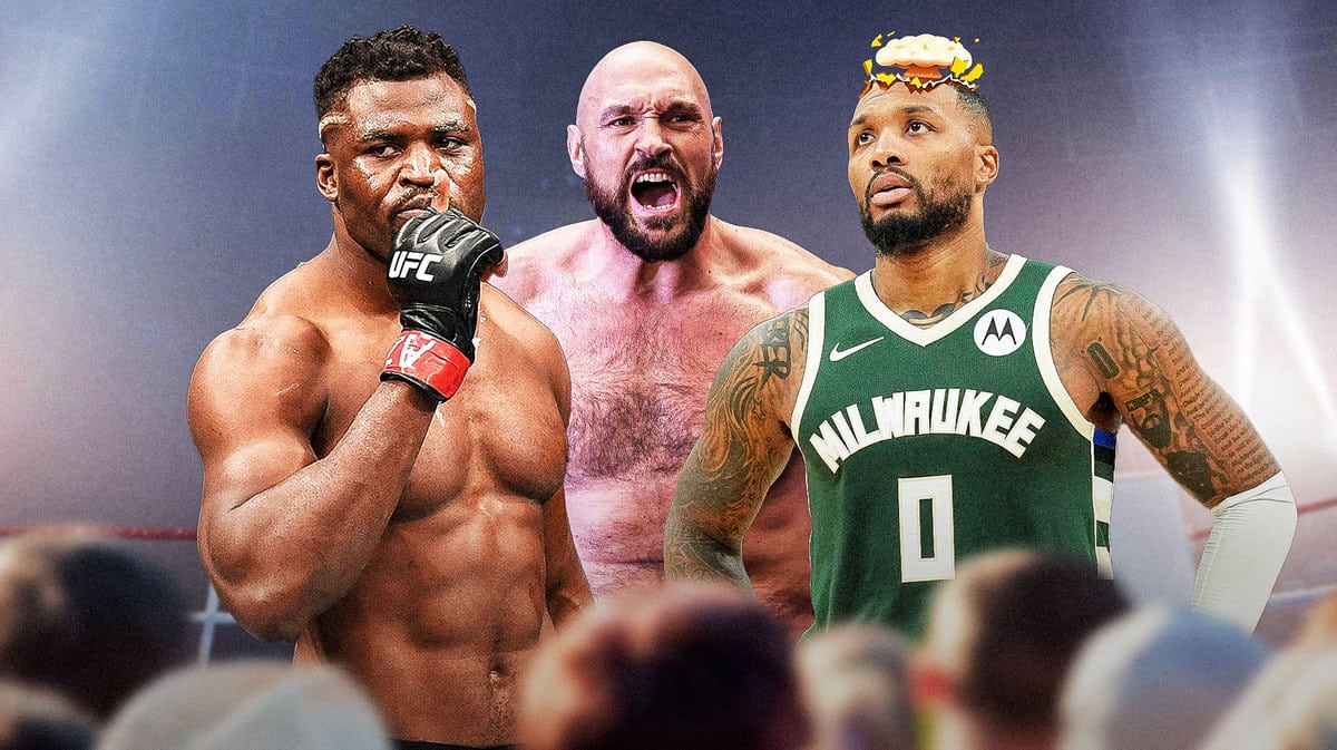 Damian Lillard of the Bucks with mind-blown effect on his head. Francis Ngannou and Tyson Fury in the background