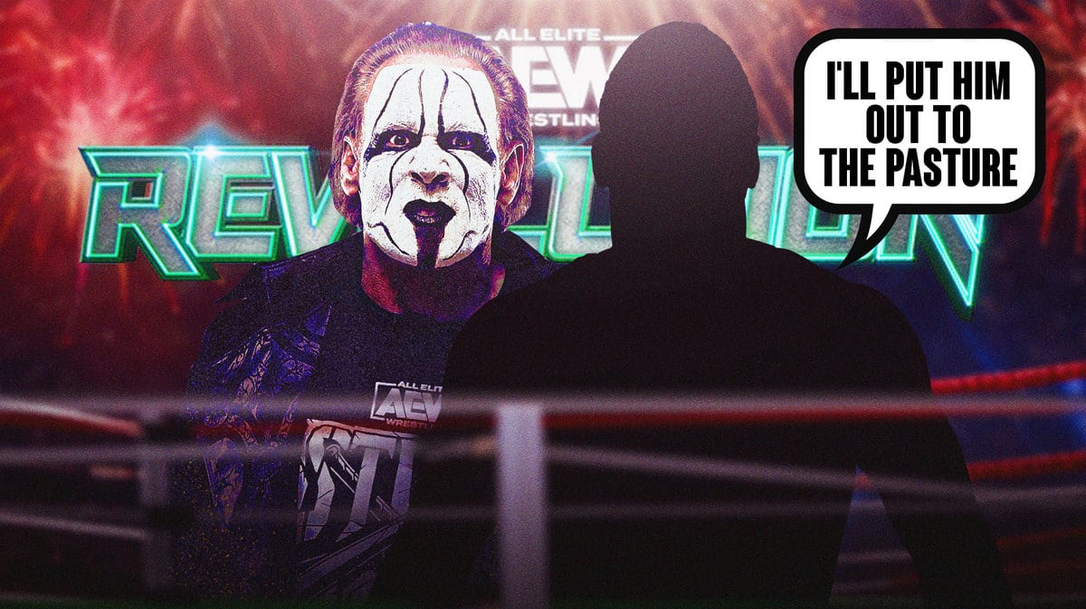 The blacked-out silhouette of Rob Van Dam with a text bubble reading “I'll put him out to the pasture” next to AEW Sting with the AEW Revolution logo as the background.