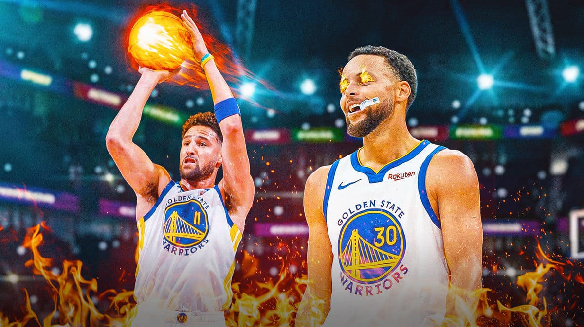 Warriors' Klay Thompson shooting the ball on fire. Stephen Curry with fire in his eyes
