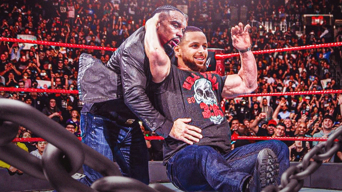 Stephen Curry of the Warriors as Stone Cold and Dillon Brooks of the Rockets as the guy on the left