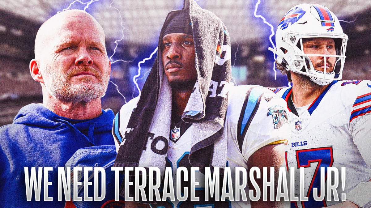 Terrace Marshall Jr in the middle with Bills coach Sean McDermott, Josh Allen around him and explosions in the background.