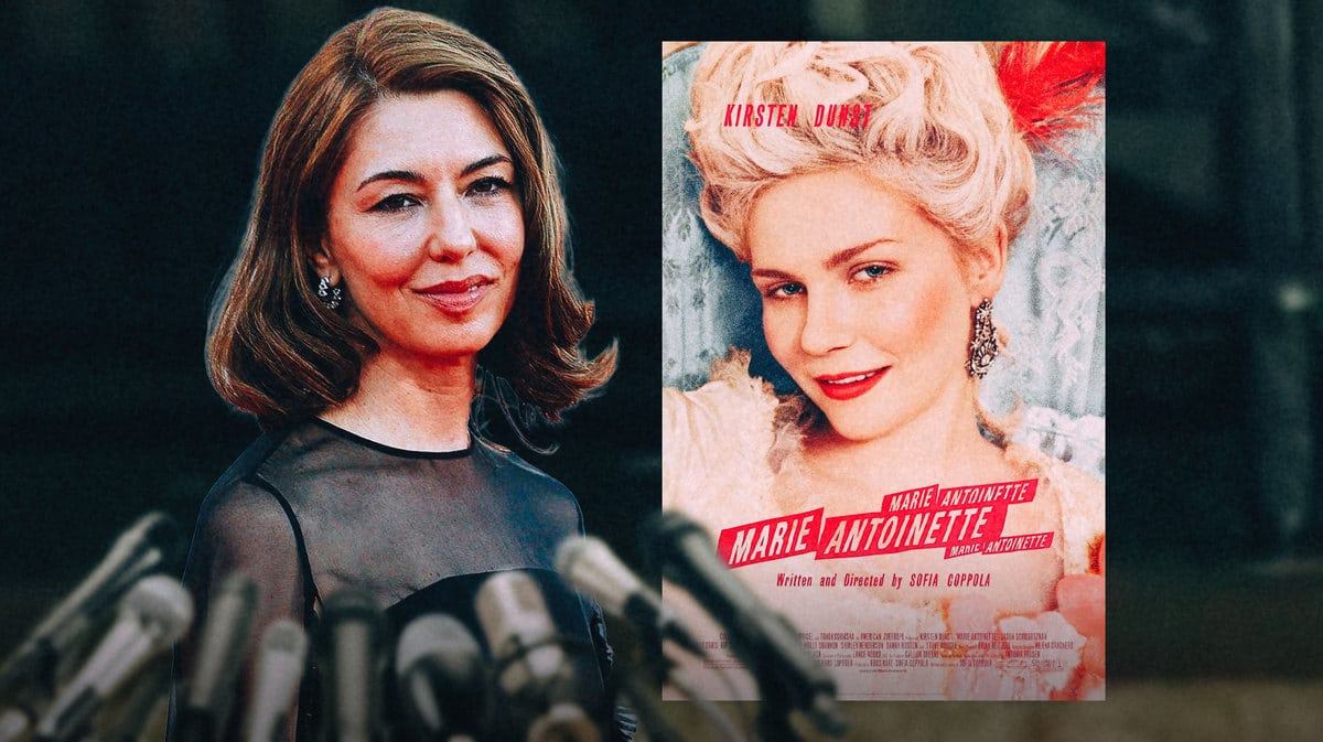 Sofia Coppola next to Marie Antoinette poster.