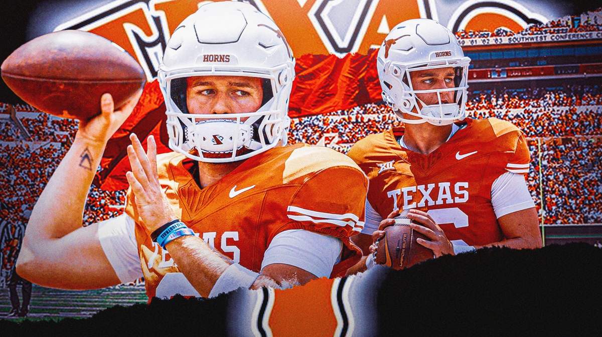 Texas football, BYU football, Longhorns, Quinn Ewers, Arch Manning, Quinn Ewers and Arch Manning in Texas unis with Texas football stadium in the background