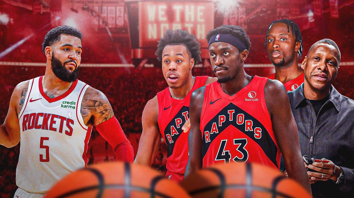 Fred VanVleet with Rockets and Raptors' Pascal Siakam, Masai Ujiri, OG Anunoby and Scottie Barnes