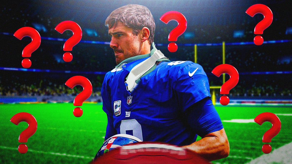 Daniel Jones with a neck brace and question marks around him.