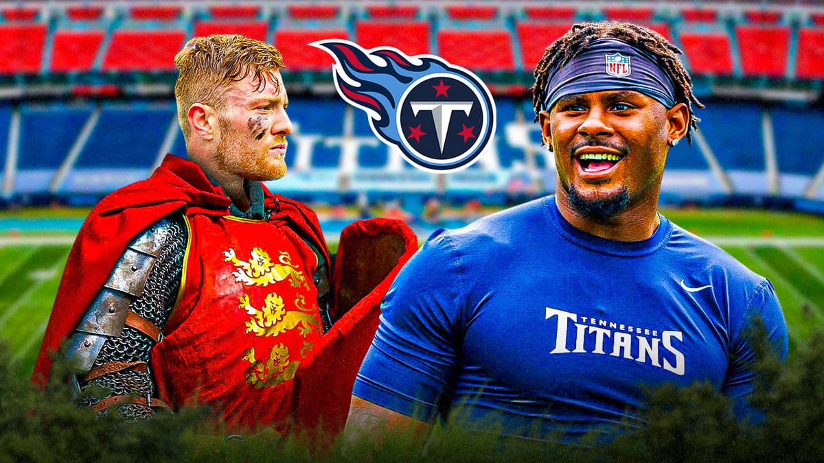 Titans QB Will Levis dressed as a knight and Malik Willis smiling