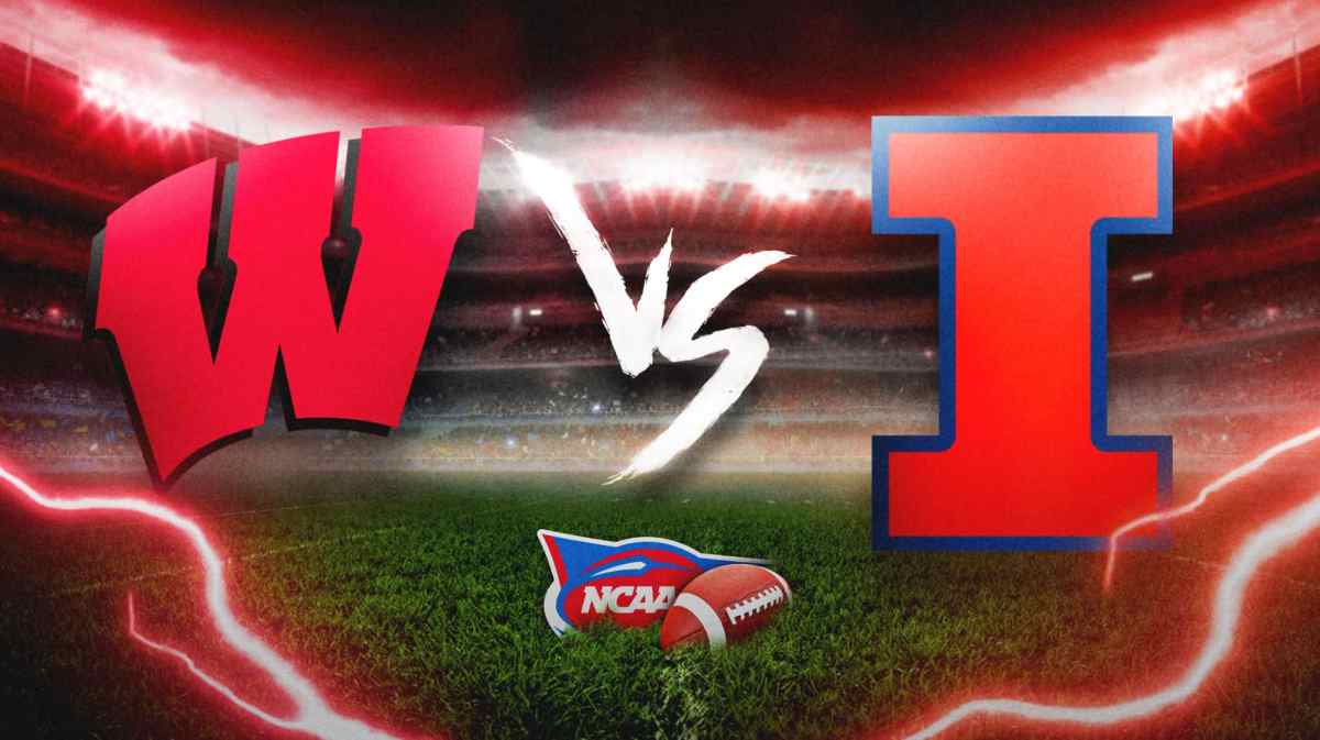 Wisconsin Badgers and Illinois Fighting Illini logos with a stadium in the background