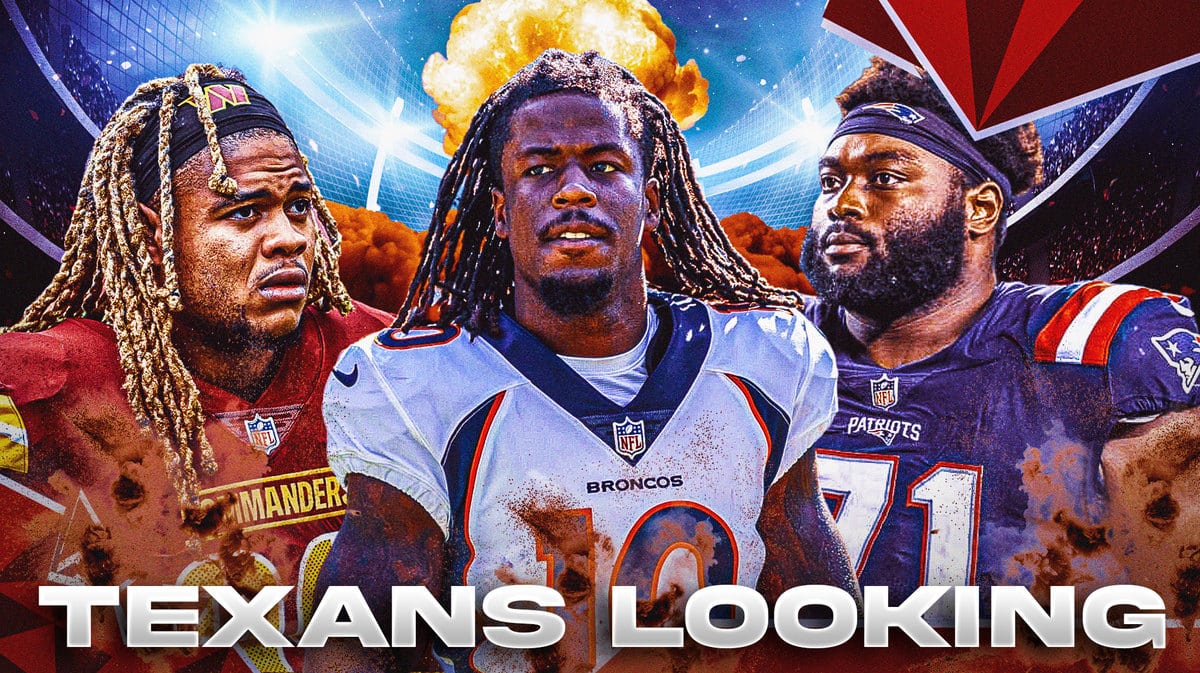 Jerry Jeudy in the middle with Michael Onwenu, Chase Young around him and explosions in the background.