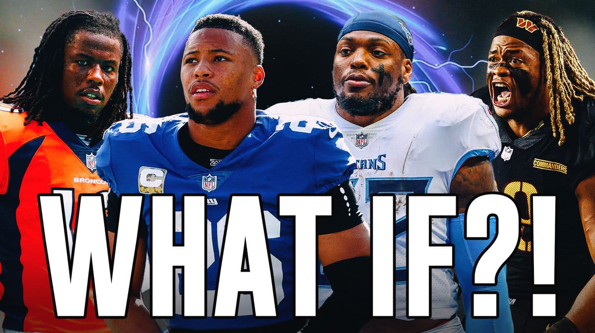 Derrick Henry, Saquon Barkley, Jerry Jeudy, Chase Young all beside each other with a vortex in the background.