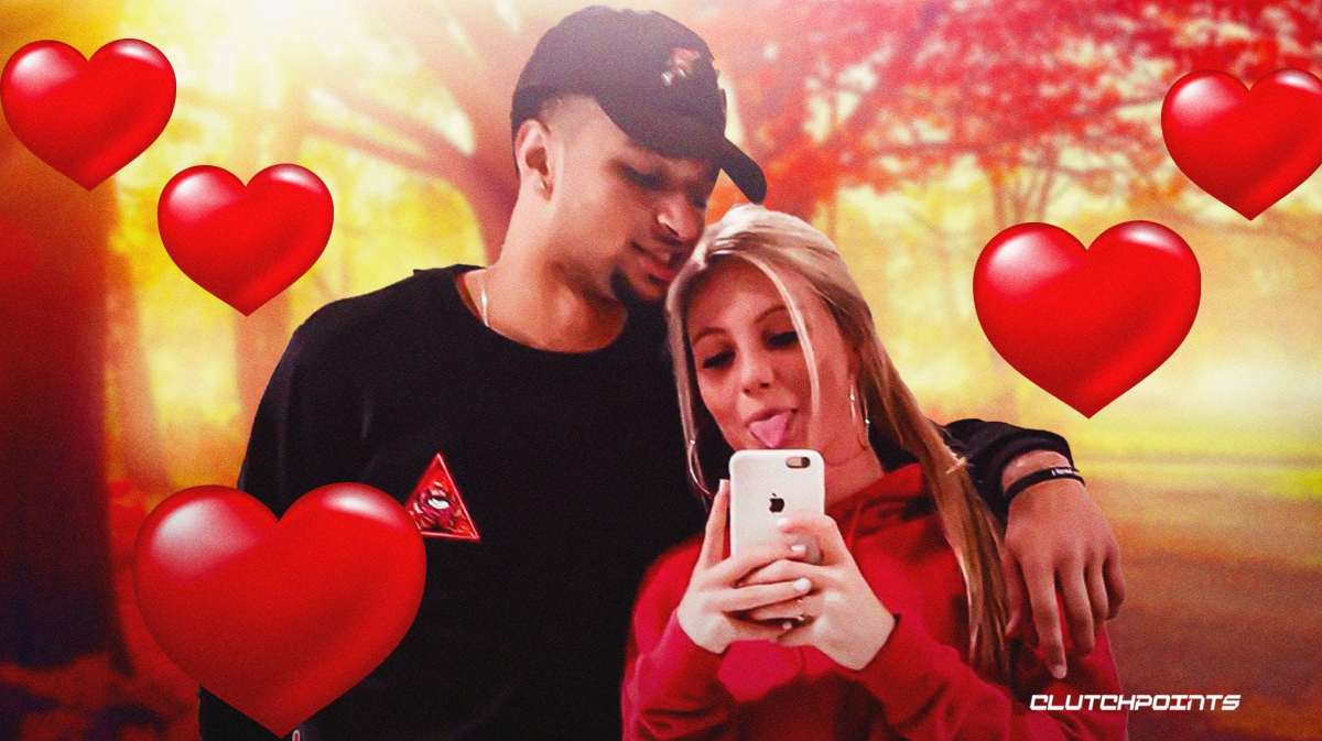 Jamal Murray and Harper Hempel surrounded by hearts.