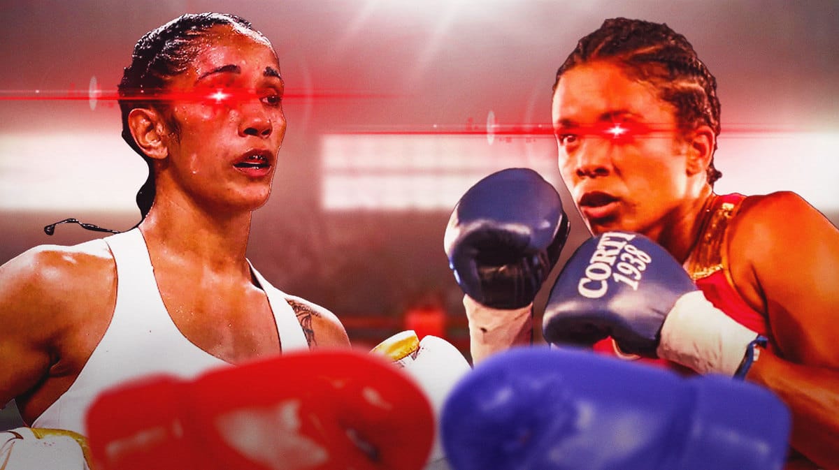 Amanda Serrano in one corner of a box ring with the red laser eyes, and Danila Ramos in another corner, also with the red laser eyes, as if they are sizing each other up