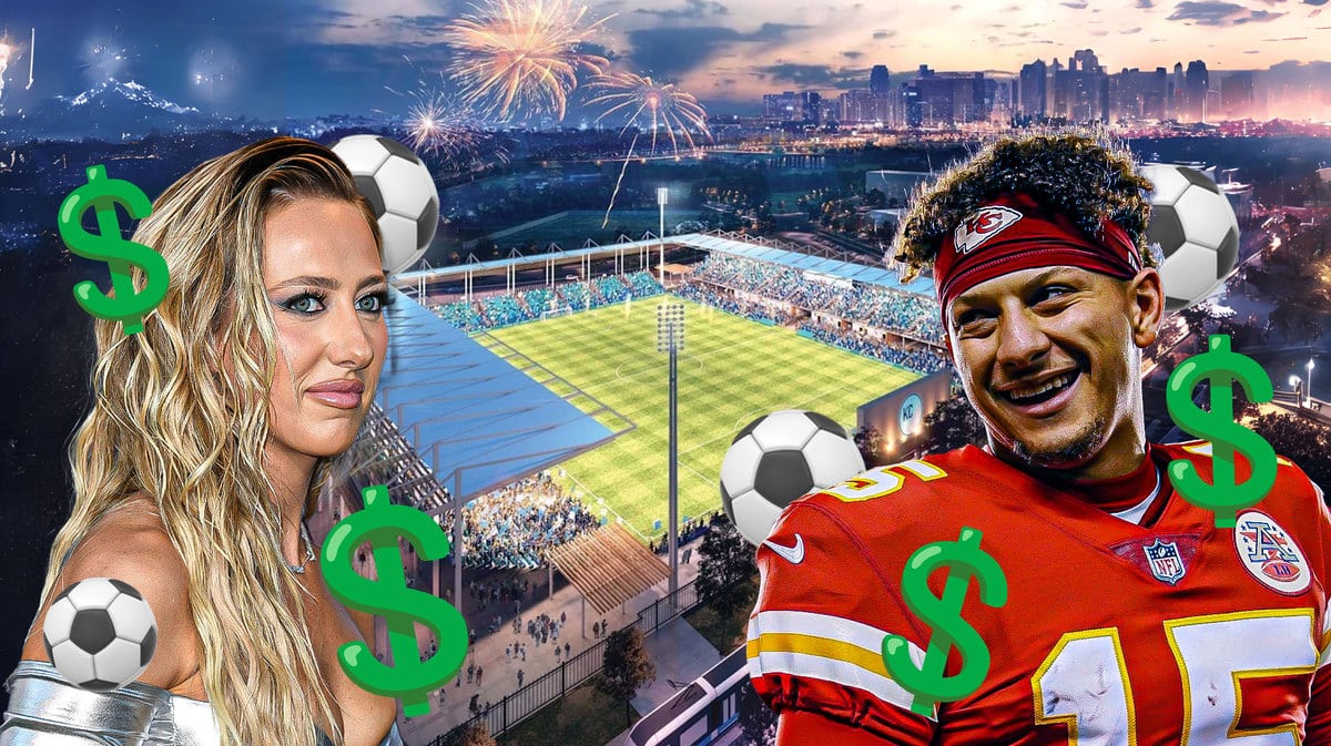 The new stadium in the center of image (see link) with Brittany Mahomes on one side and Patrick Mahomes on the other, with dollar sign emojis and soccer ball emojis mixed into the image