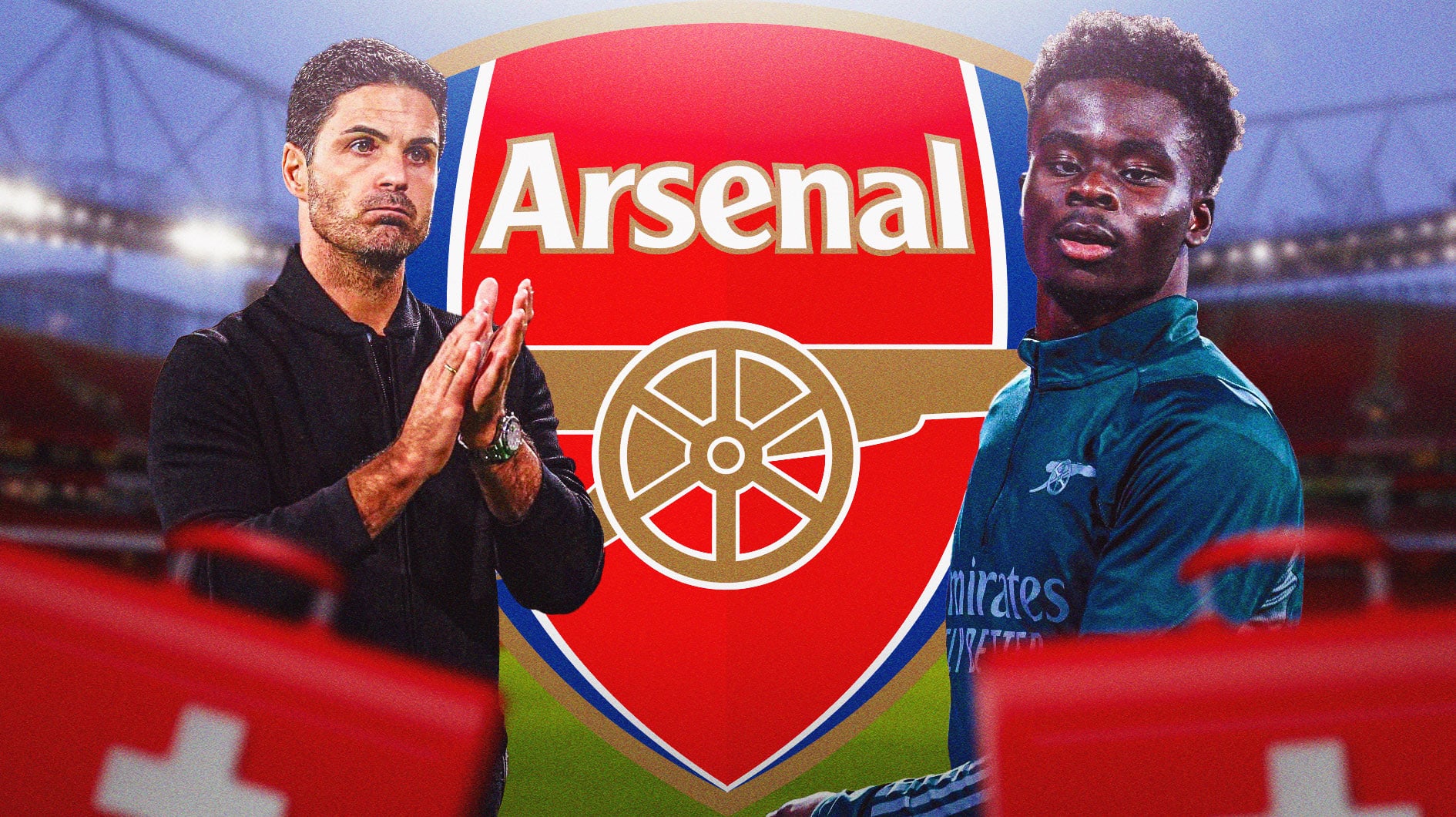 Bukayo Saka and Mikel Arteta in front of the Arsenal logo