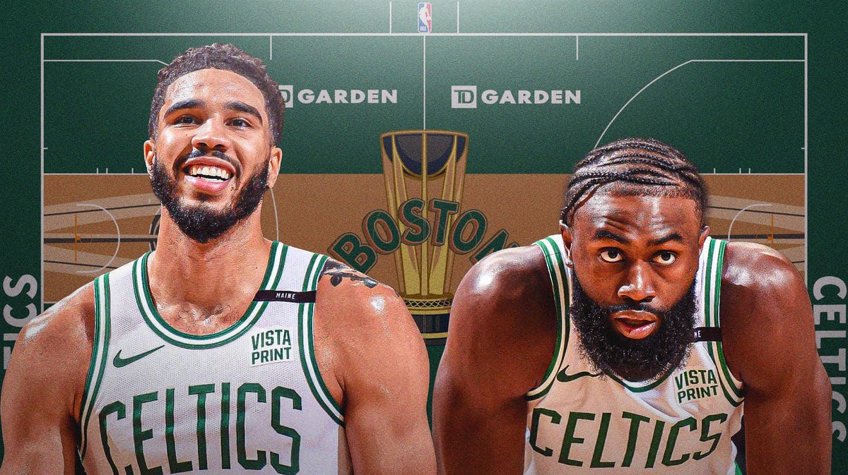 Jayson Tatum looking happy and Jaylen Brown looking serious