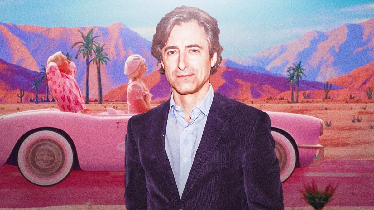 Writer Noah Baumbach with a scene from the Barbie movie in the background.