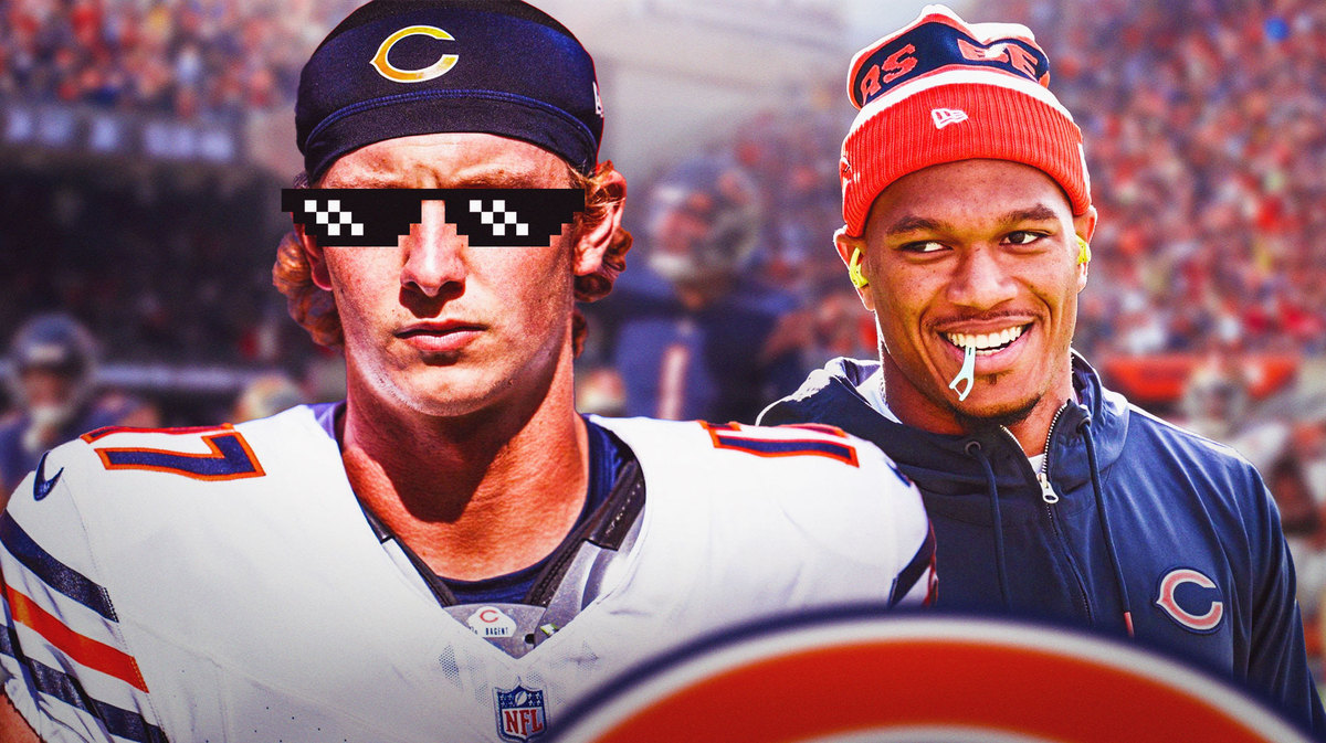 DJ Moore smiling at swagged out Bears teammate Tyson Bagent