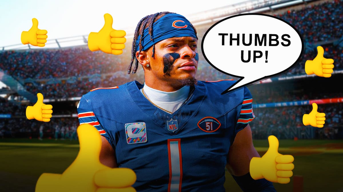 Chicago Bears' QB Justin Fields and speech bubble “Thumbs Up!” and +1 emojis around him in background