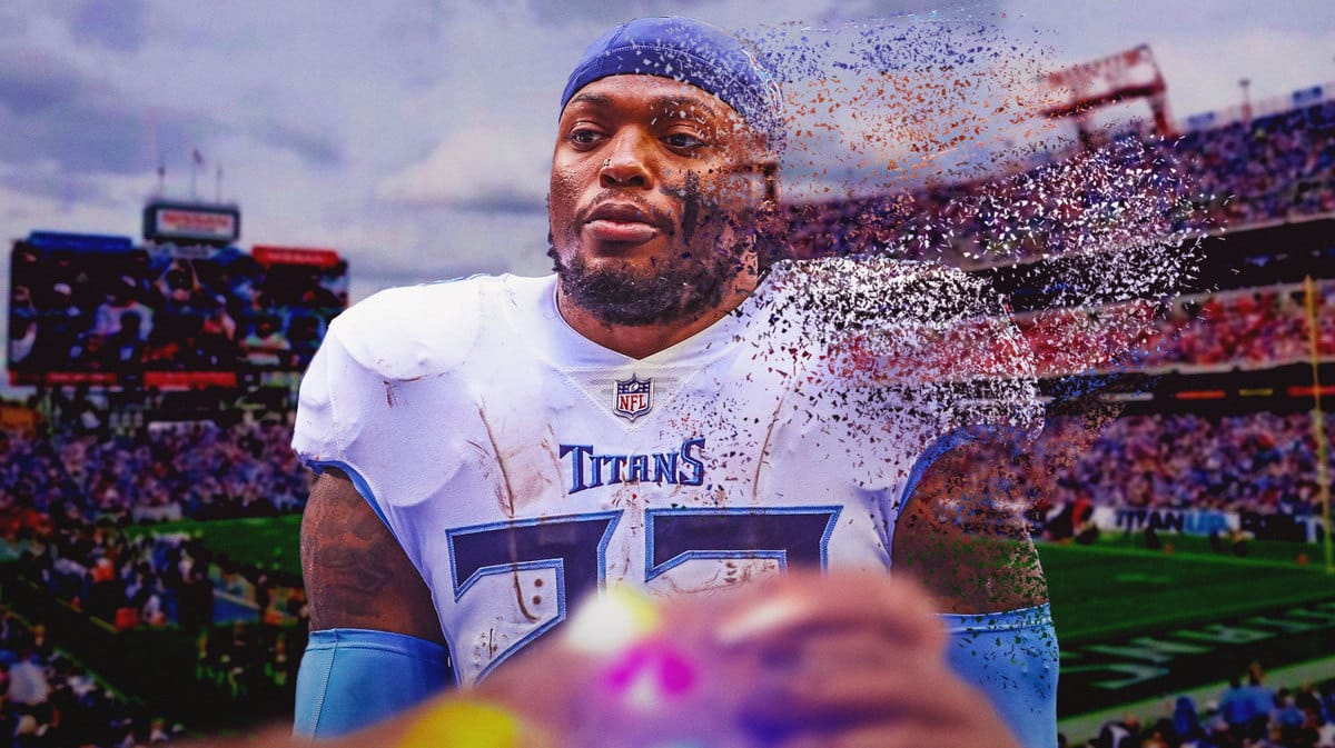 Titans Derrick Henry fading away with trade deadline looming. Background is Nissan Stadium