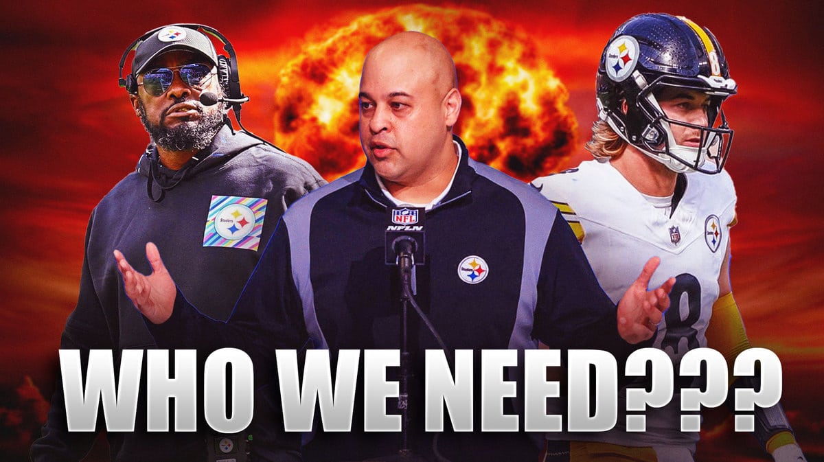 Omar Khan in the middle with Mike Tomlin, Kenny Pickett around him and explosions in the background.