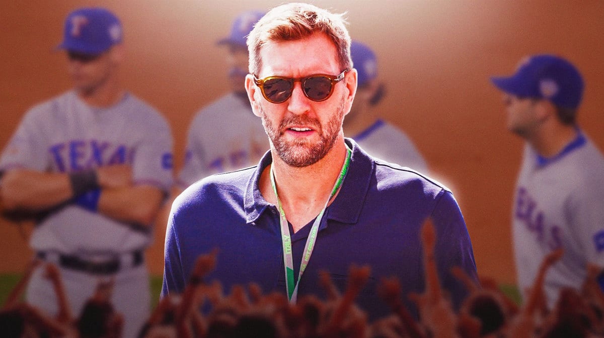 Dirk Nowitzki in the foreground with disappointed Texas Rangers players in the background.