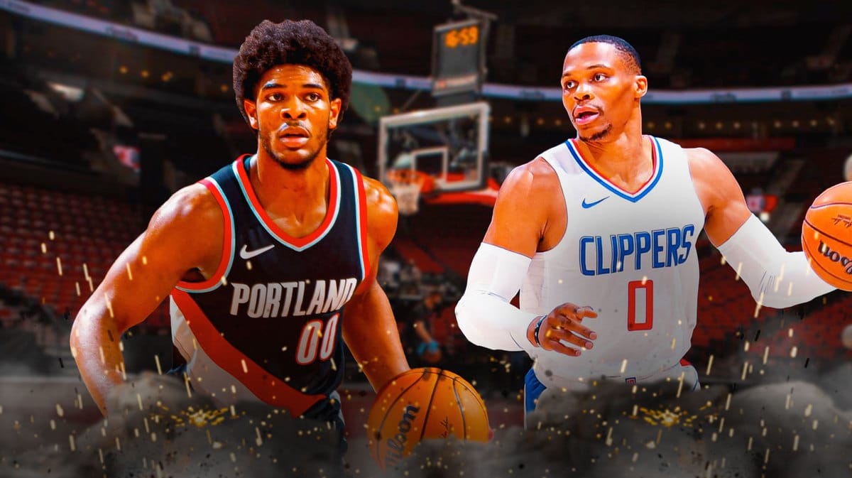 Scoot Henderson stands next to Russell Westbrook as Tyronn Lue compliments rookie before the Blazers versus Clippers.