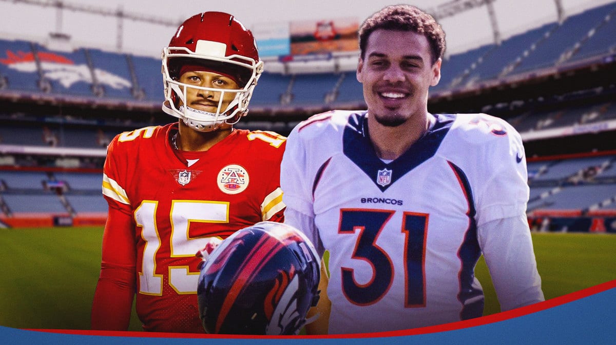 Broncos' Justin Simmons and Chiefs' Patrick Mahomes after Denver beats Kansas City