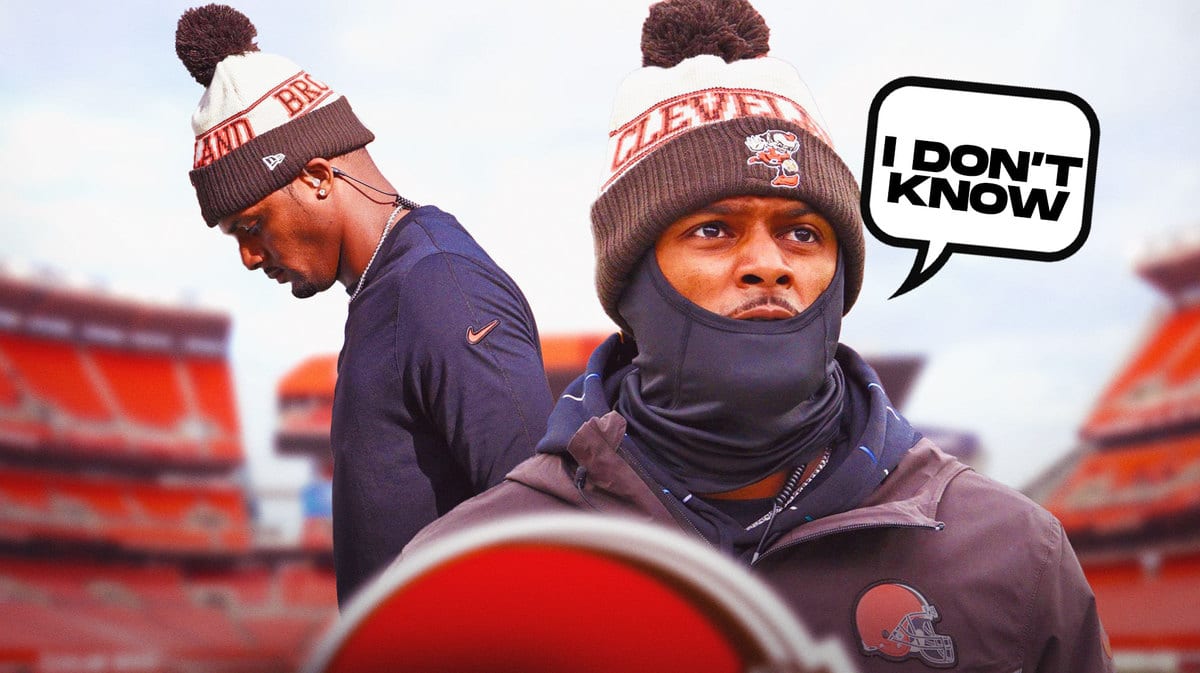 Cleveland Browns QB Deshaun Watson looking upset with a pondering question
