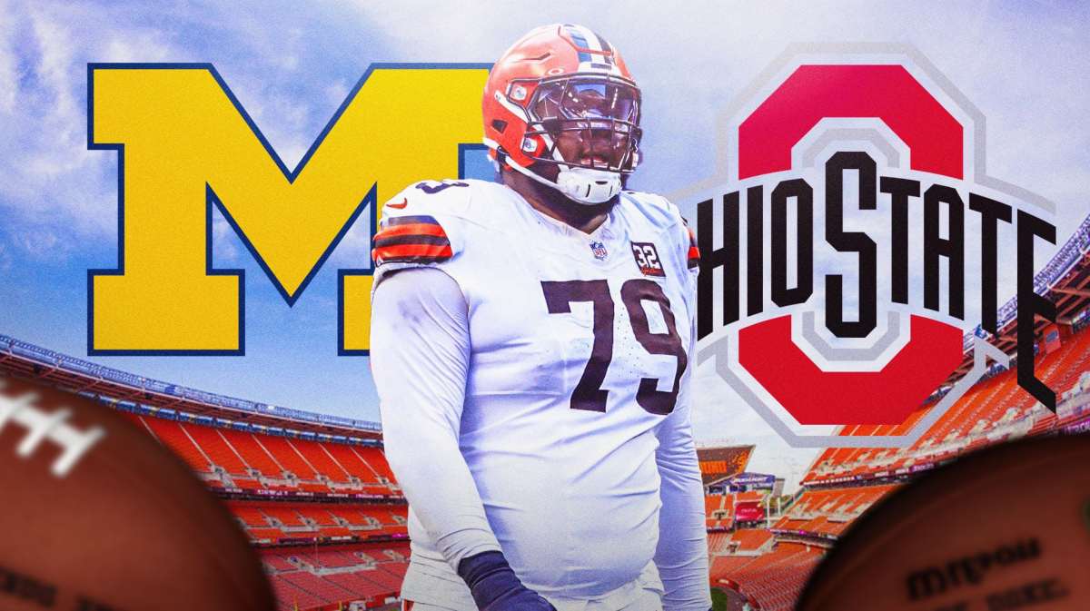 Browns, Dawand Jones, Michigan football, Ohio State football, Michigan football investigation, Dawand Jones in Browns uni with Michigan and Ohio State logos behind him