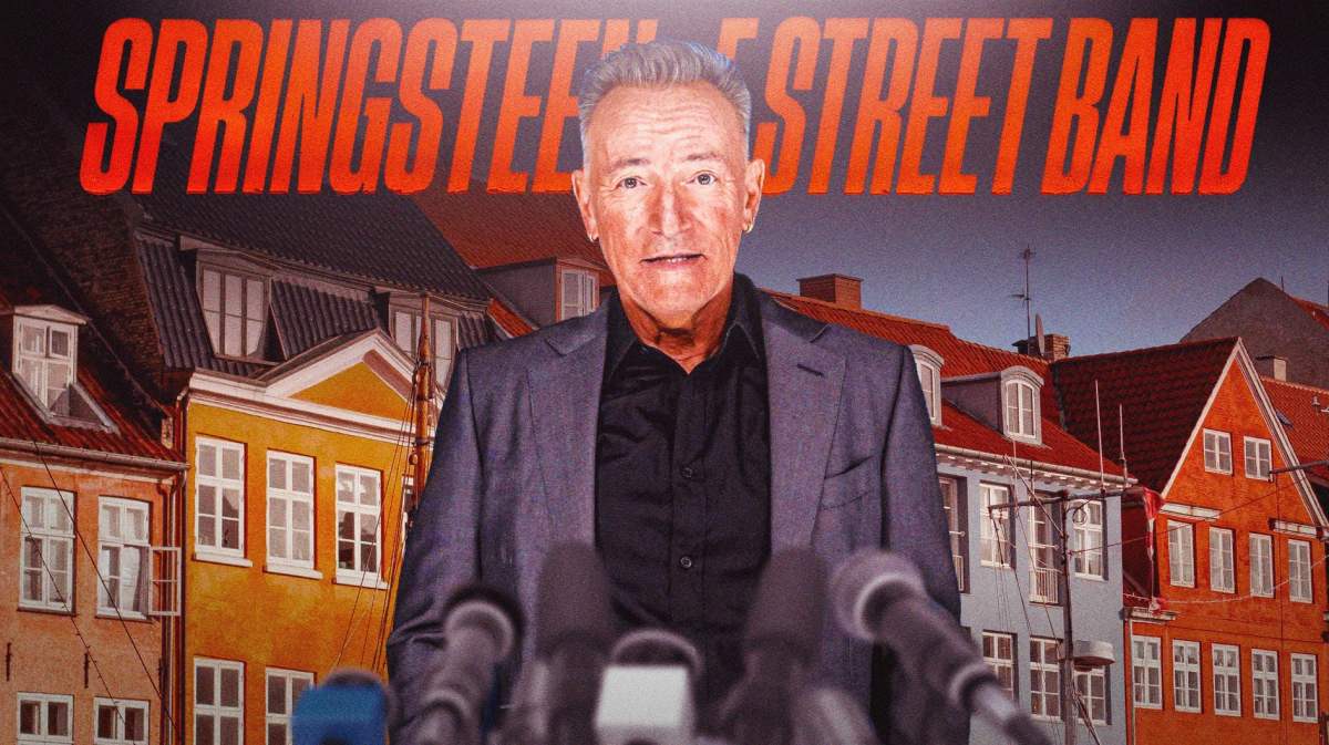 Bruce Springsteen and The E Street Band logo in front of European city.
