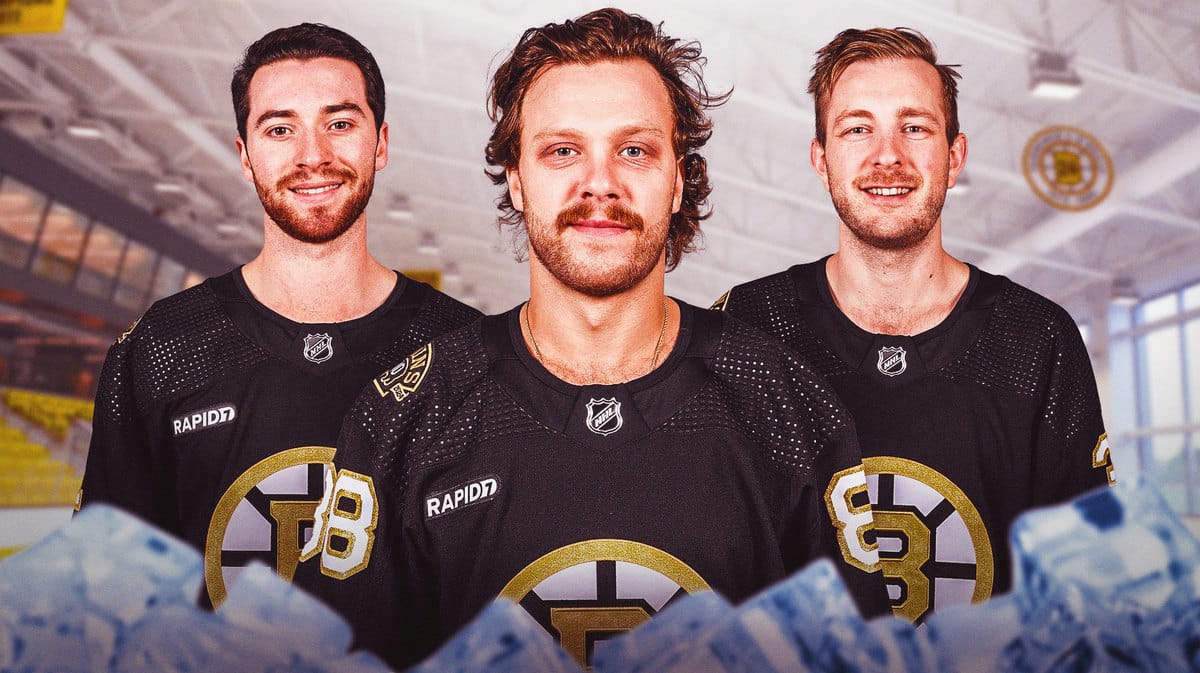 Image: Jeremy Swayman and Linus Ullmark on either side looking happy, David Pastrnak in middle looking happy, BOS Bruins logo, hockey rink