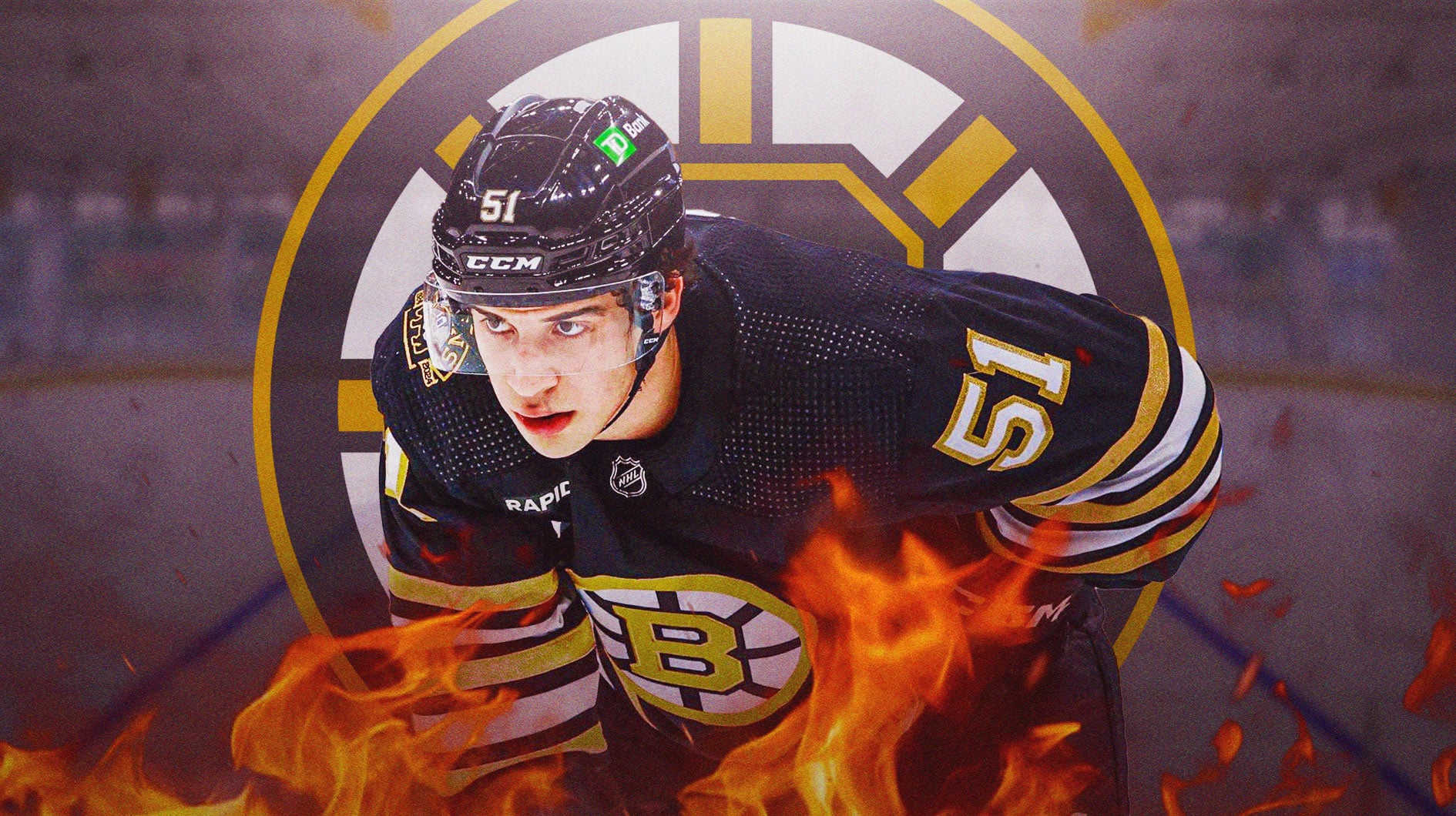 Matthew Poitras with flames coming off of him Boston Bruins