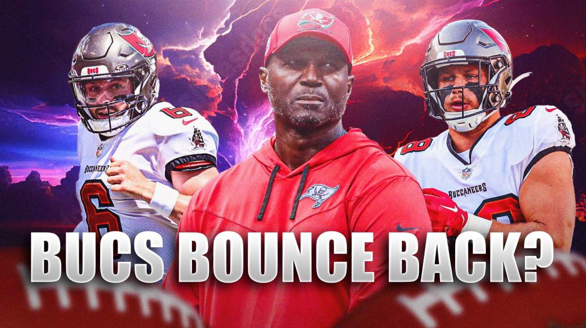 Coach Todd Bowles in the middle with Baker Mayfield and Cade Otton around him and lightning in the background.