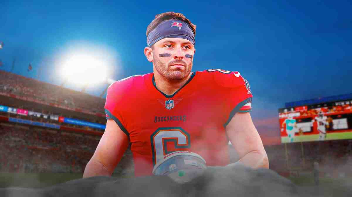 Tampa Bay, Buccaneers, Buffalo, Bills, Baker Mayfield, Baker Mayfield with Buccaneers stadium in the background