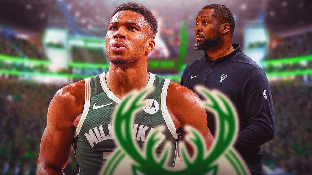 Milwaukee Bucks star Giannis Antetokounmpo and head coach Adrian Griffin in front of the Fiserv Forum.